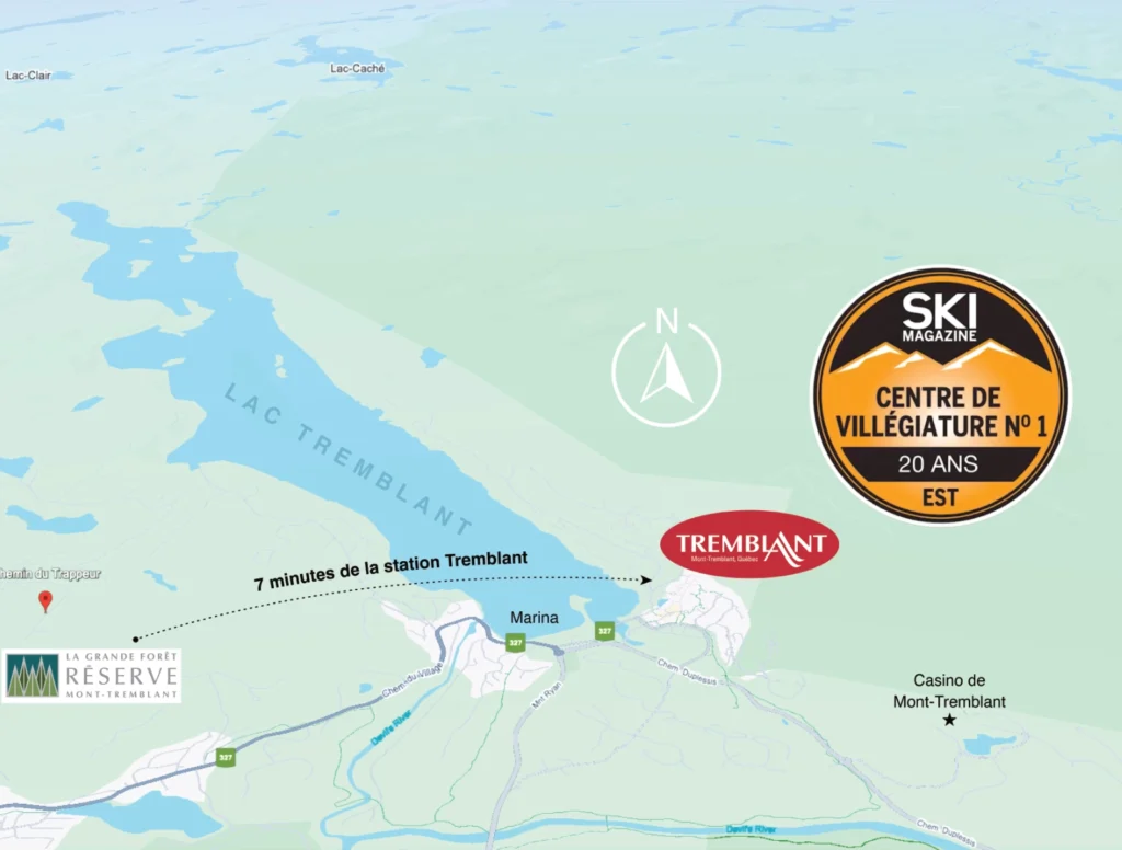 Carte montrant des lieux comme le Mont-Tremblant situés près du projet immobilier La Grande Forêt Réserve