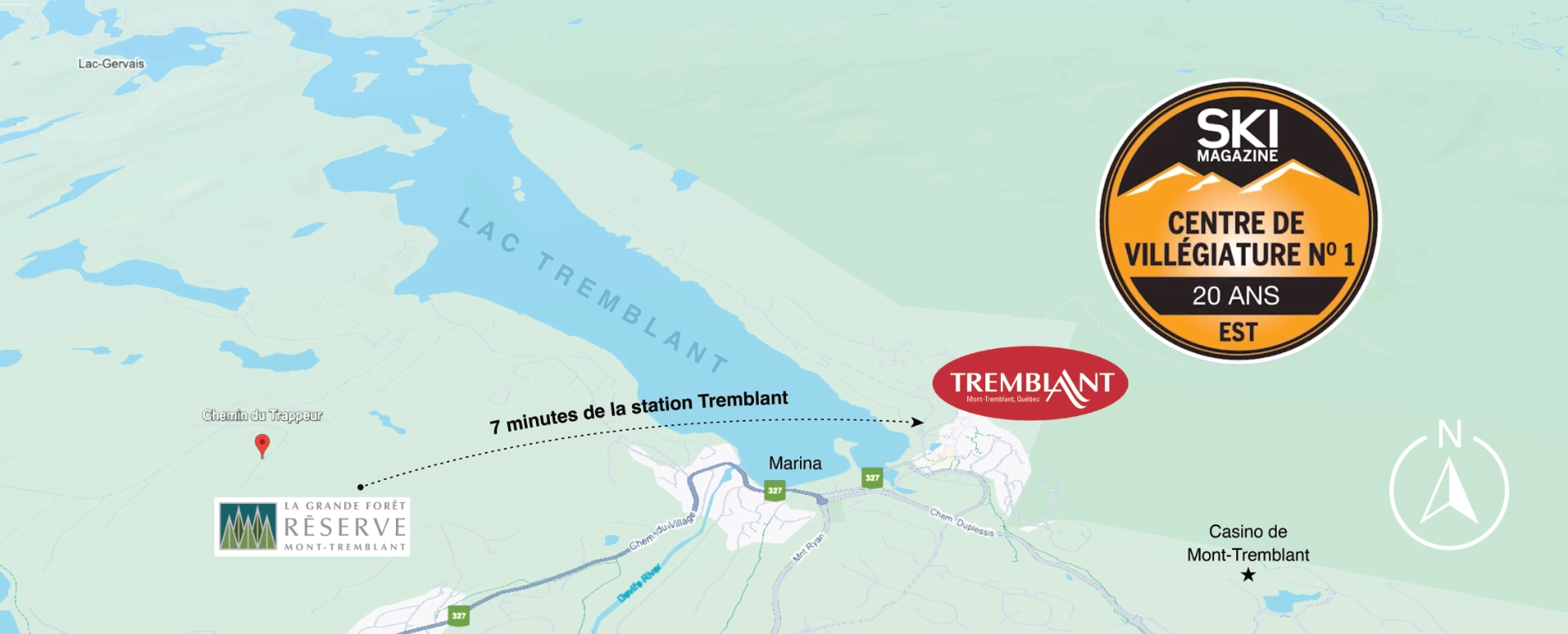 Carte montrant des lieux comme le Mont-Tremblant situés près du projet immobilier La Grande Forêt Réserve.
